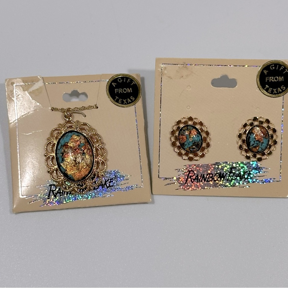 Vintage 14K GP Rainbow Flake Turquoise Pendant Necklace & Earrings Set Southwest